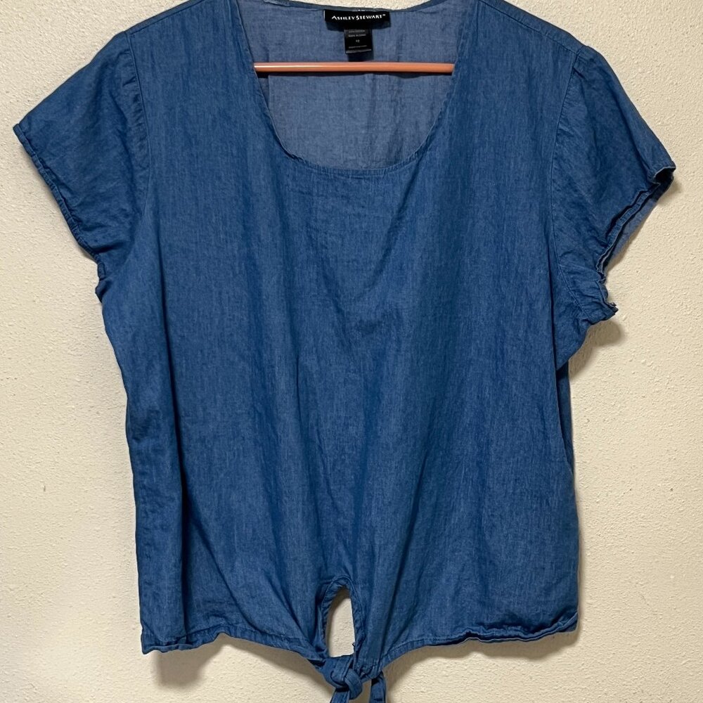 Denim blouse, tie front, Ashley Stewart label, size 16